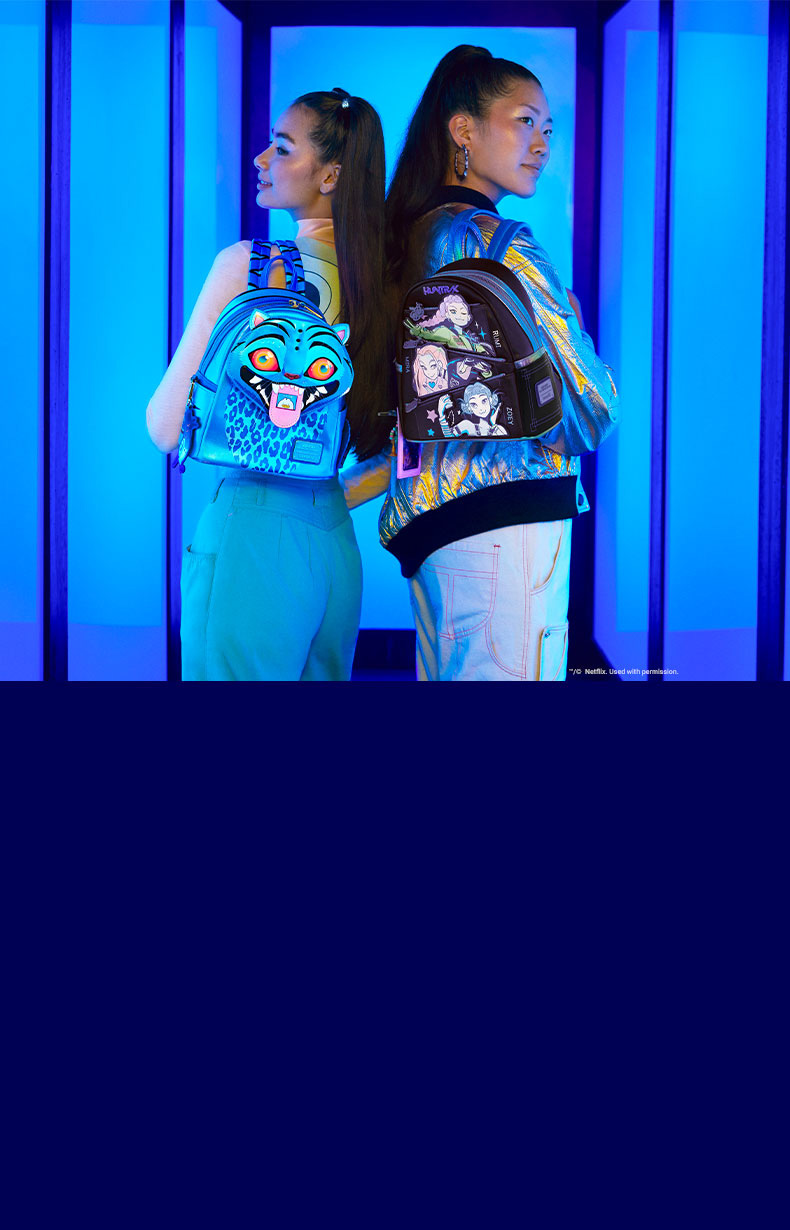Blue glowing panel background with models showcasing Loungefly Kpop Demon Hunters collection