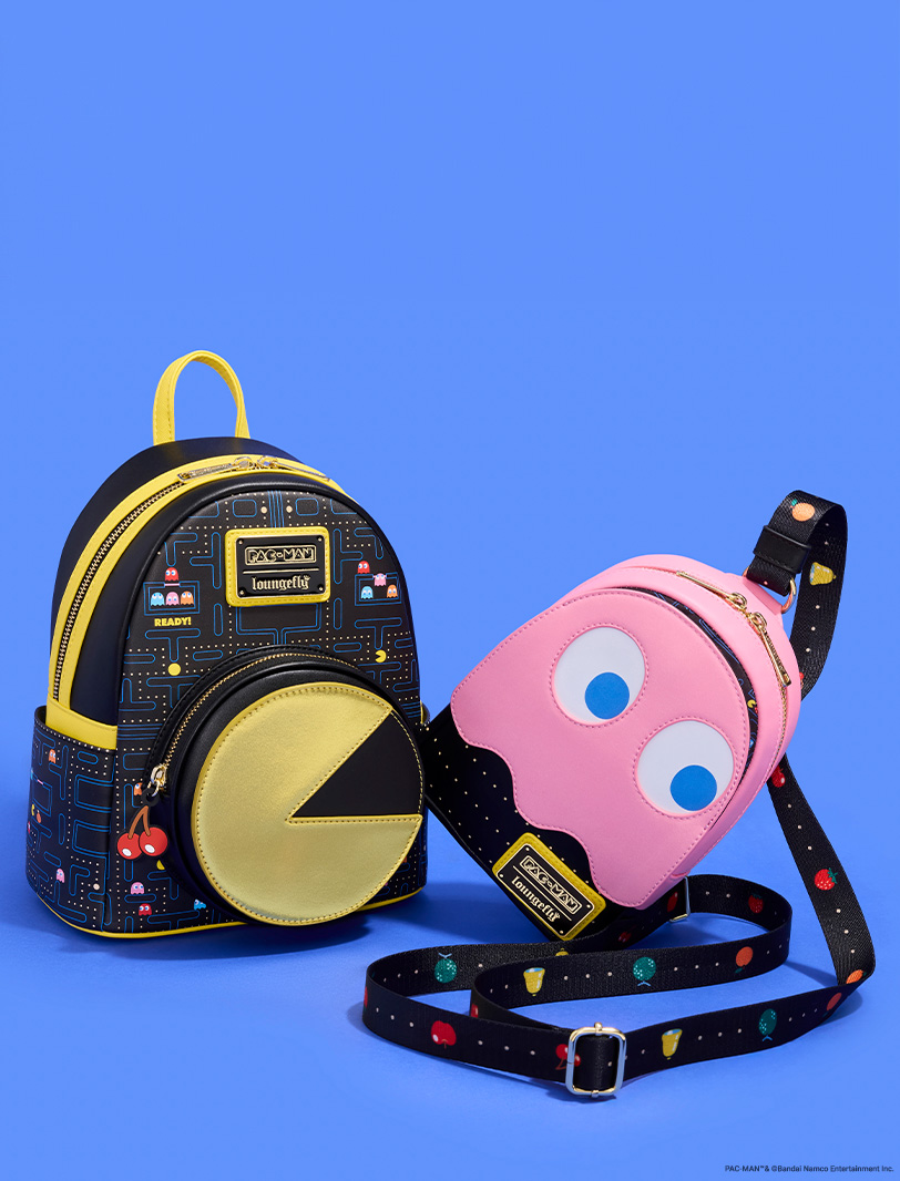 Blue background featuring Loungefly Pac-Man collection